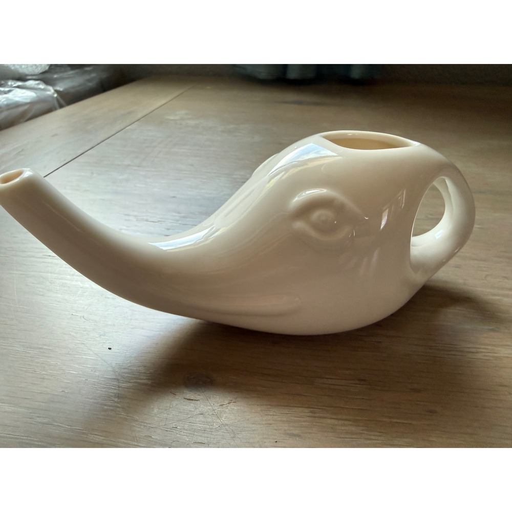 Nettie Ceramic Neti Pot Elephant Shape White Glazed Sinus Rinse Nasal Irrigation